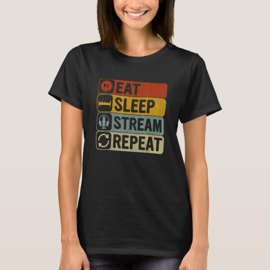 食べSleep Stream Repeatレトロ60s 70sストリーミング Tシャツ (正面)