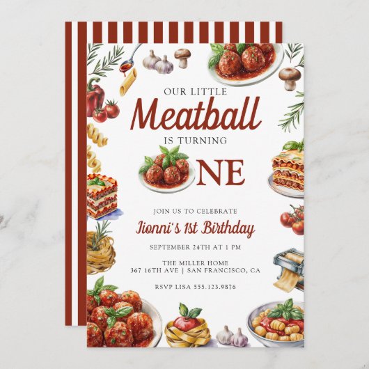 食イタリアン品 | 水彩1回目の誕生日 招待状 (正面/裏面)