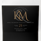 食事なしブラック金ゴールドモノグラムすべて結婚の 三つ折り招待状 (内部最初)