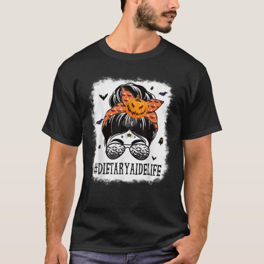 食事のアディMessy Bun Pumpkin不気味ハロウィンCo Tシャツ (正面)