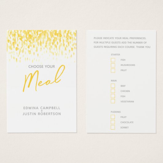 食事の結婚選択イエローウォーター色の返信カード (正面&裏面)
