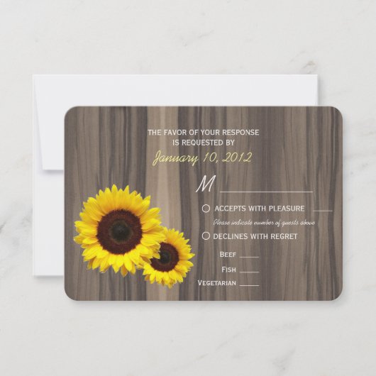 食事の選択の素朴な木およびヒマワリRSVP 出欠カード (正面)