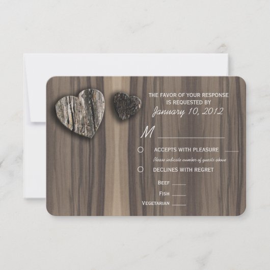 食事の選択の素朴な木製の樹皮のハートRSVP 出欠カード (正面)