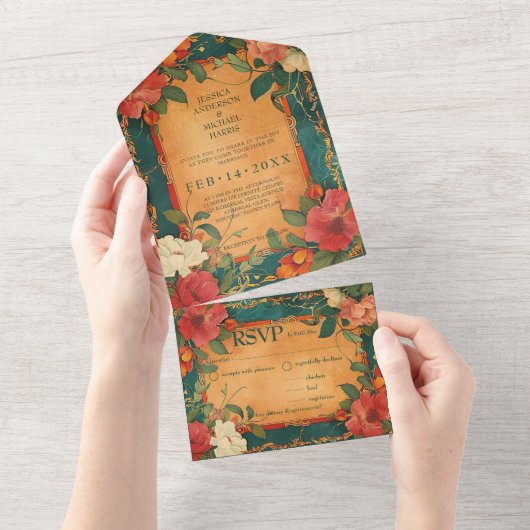 🌹食事の選択バラロマンス：アールヌーボー オールインワン招待状 (貼ってはがせる)