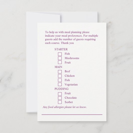 食事の選結婚択パープルフローラ返信カード 出欠カード (裏面)