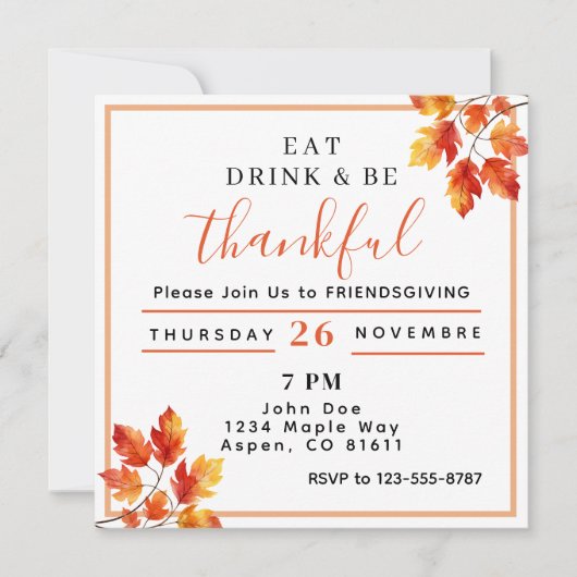 食事をして感謝の気持ちで満たされよう フレンズギビング 招待状 (正面)