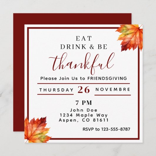 食事をして感謝の気持ちを大切にしよう フレンズギビング 招待状 (正面/裏面)