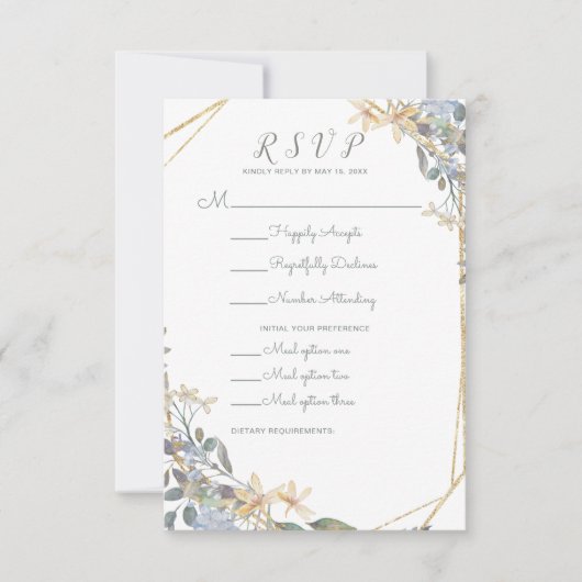食事性幾何金ゴールドブルーフローラRSVP 出欠カード (正面)