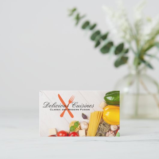 食卓にパスタと野菜 名刺 (スタンド正面)