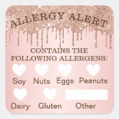 食品の安全性アレルギー警告バラ金ゴールドグリッター乾燥 スクエアシール (正面)