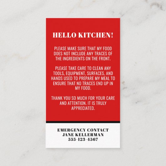 食品アレルギーキッチン安全カード 名刺 (裏面)