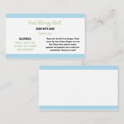 食品アレルギーレストラン警告カードテンプレート 名刺 (正面/裏面)