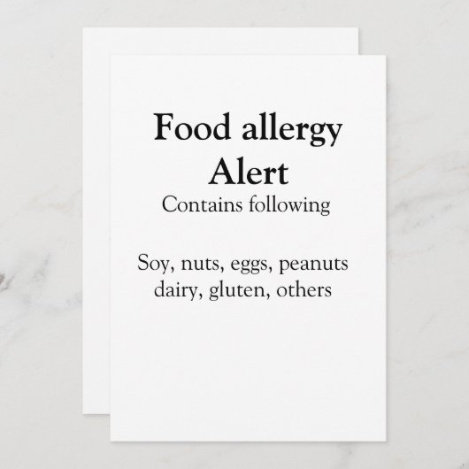 食品アレルギー警告を追加する名前文字食品アイテム 招待状 (正面/裏面)