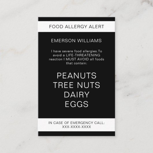 食品アレルギー警告シェフパーソナライズされたカード 名刺 (正面)