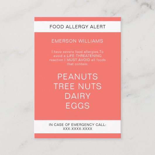 食品アレルギー警告シェフパーソナライズされたカード 名刺 (正面)
