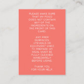 食品アレルギー警告シェフパーソナライズされたカード 名刺 (裏面)