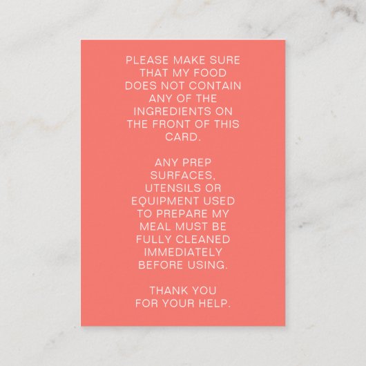 食品アレルギー警告シェフパーソナライズされたカード 名刺 (裏面)