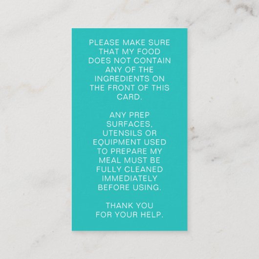 食品アレルギー警告シェフパーソナライズされたカード 名刺 (裏面)