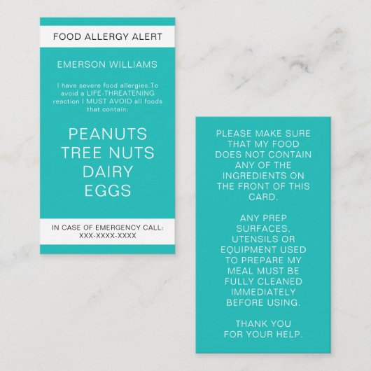 食品アレルギー警告シェフパーソナライズされたカード 名刺 (正面/裏面)