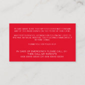 食品アレルギー警告シェフパーソナライズされたプレイダートカード 名刺 (裏面)