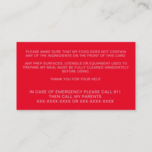 食品アレルギー警告シェフパーソナライズされたプレイダートカード 名刺 (裏面)