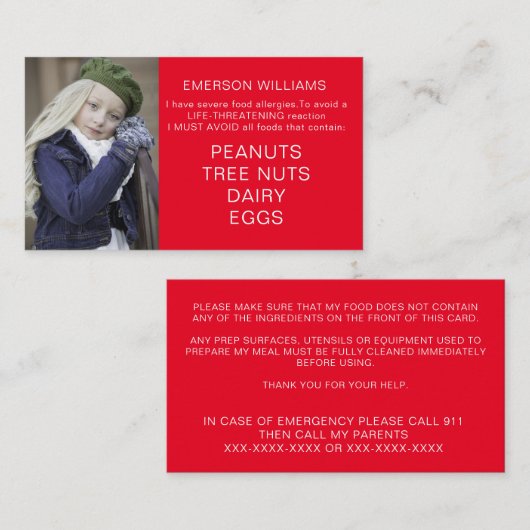 食品アレルギー警告シェフパーソナライズされたプレイダートカード 名刺 (正面/裏面)