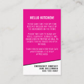 食品アレルギー ピンクのキッチン安全カード 名刺 (裏面)