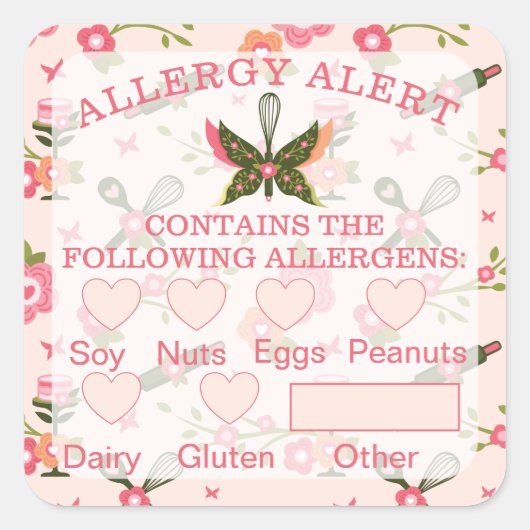 食品安全アレルギー警告ベーカリーバタフライウィスク スクエアシール (正面)