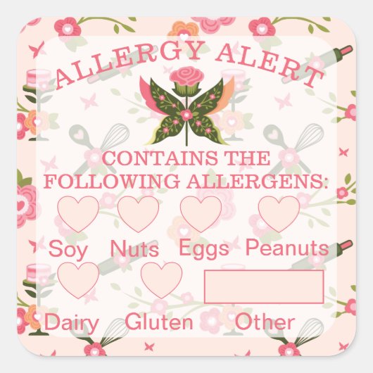 食品安全アレルギー警告ベーカリーバタフライカップケーキ スクエアシール (正面)