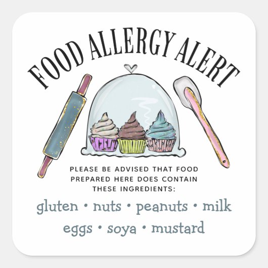 食品安全アレルギー警告ベーカリーペストリー スクエアシール (正面)
