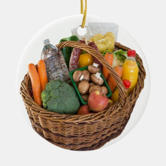 食品、果物、野菜の入ったショッピングかご セラミックオーナメント (正面)