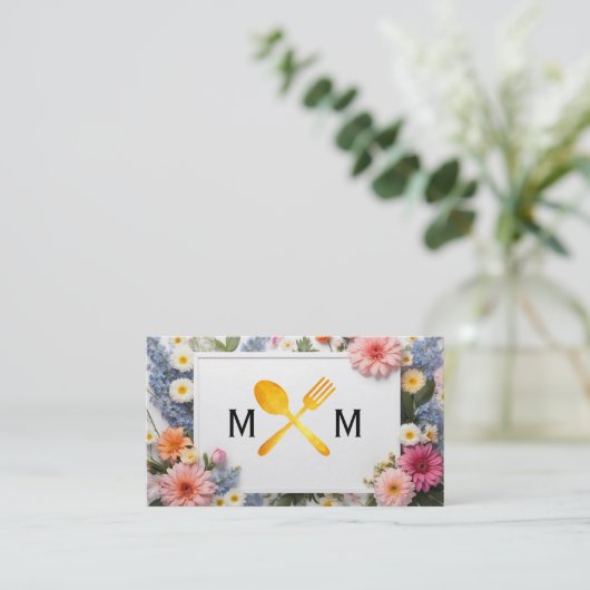 食器具のロゴ | 花カラフルの背景 名刺 (スタンド正面)