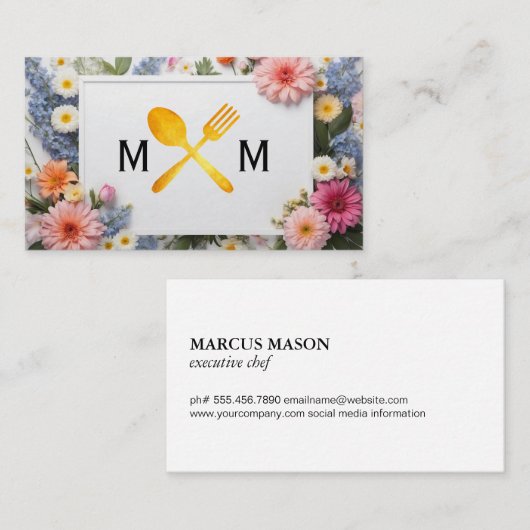 食器具のロゴ | 花カラフルの背景 名刺 (正面/裏面)