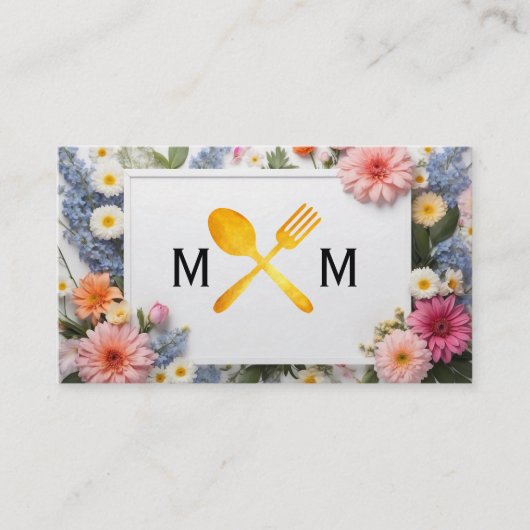 食器具のロゴ | 花カラフルの背景 名刺 (正面)