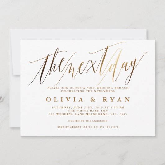 食後の朝結婚の金ゴールド 招待状 (正面)