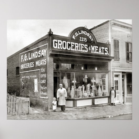 食料品と精肉市場、1916年。ヴィンテージ写真 ポスター (正面)
