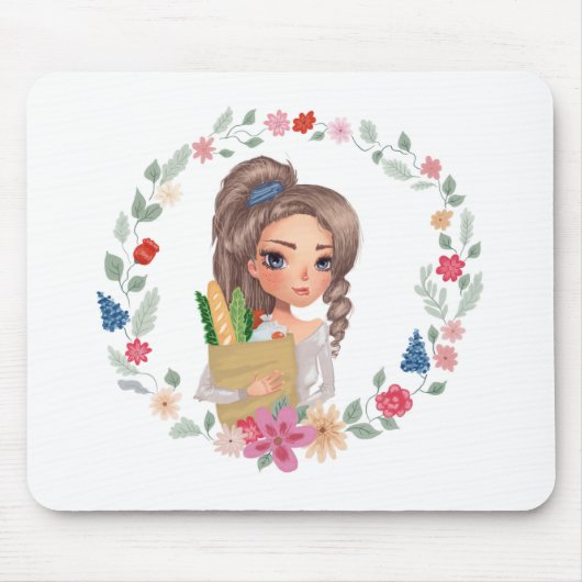 食料品を売っている女の子 マウスパッド (正面)
