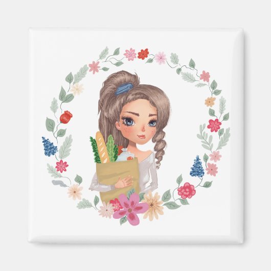 食料品を売っている女の子 マグネット (正面)