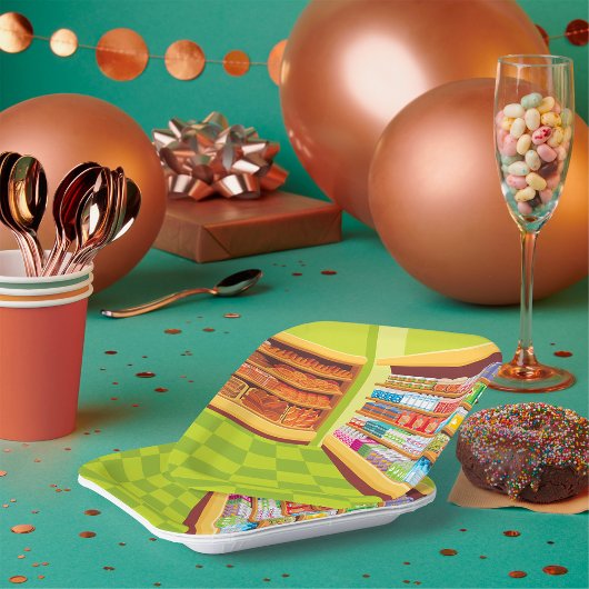 食料品カラフル店の通路とベーカリー ペーパープレート