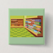 食料品カラフル店の通路とベーカリー 缶バッジ (正面)