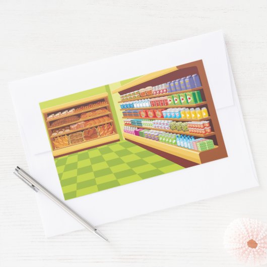 食料品カラフル店の通路とベーカリー 長方形シール (封筒)