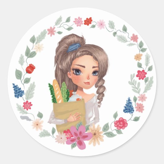 食料品付き女の子 ラウンドシール (正面)