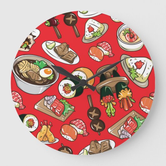 食日本のべ物:シームレスな文化パターン ラージ壁時計 (正面)