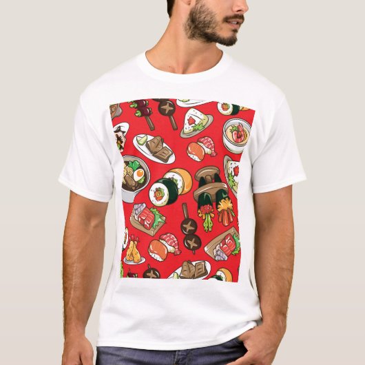 食日本のべ物：シームレスな文化パターン Tシャツ (正面)