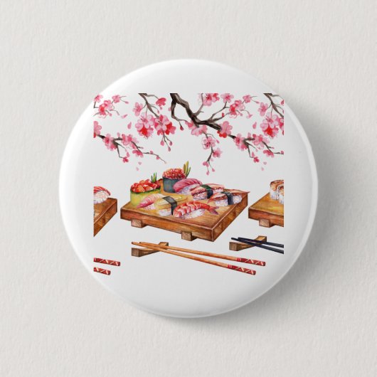 食日本の物寿司と咲き桜 缶バッジ (正面)