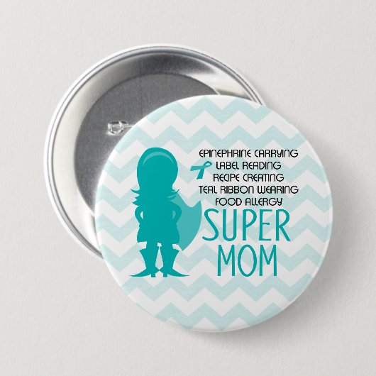 食物アレルギーのすごいお母さんのシルエットのティール（緑がかった色）ボタン 缶バッジ (正面&裏面)