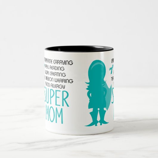 食物アレルギーのすごいお母さんのティール（緑がかった色）のシルエット ツートーンマグカップ (中央)