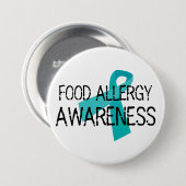 食物アレルギーの認識度のティール(緑がかった色)のリボン 缶バッジ (正面&裏面)