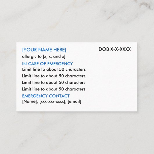 食物アレルギーレストラン&アイスカード コーリングカード (裏面)