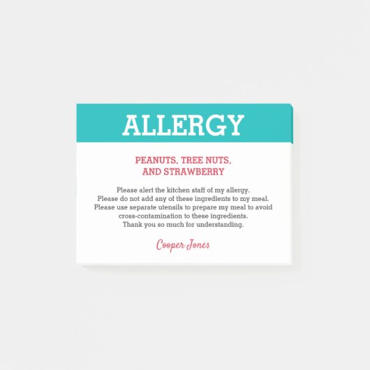 食物アレルギー注意 レストラン 個人用 ティール ポストイット (正面)